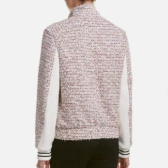 French Connection Zip Front Tweed Bomber Jacket White Red Size L EUC - Picture 2 of 16